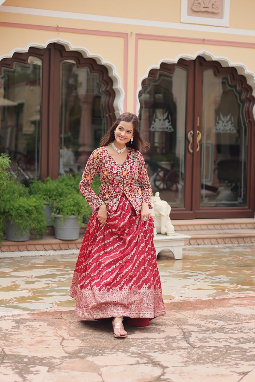 Breathtaking Faux Georgette Sequins Embroidered Top Lehenga Set - Ethnicwish