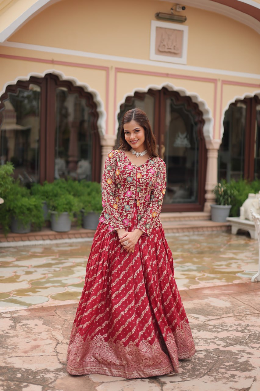 Breathtaking Faux Georgette Sequins Embroidered Top Lehenga Set - Ethnicwish