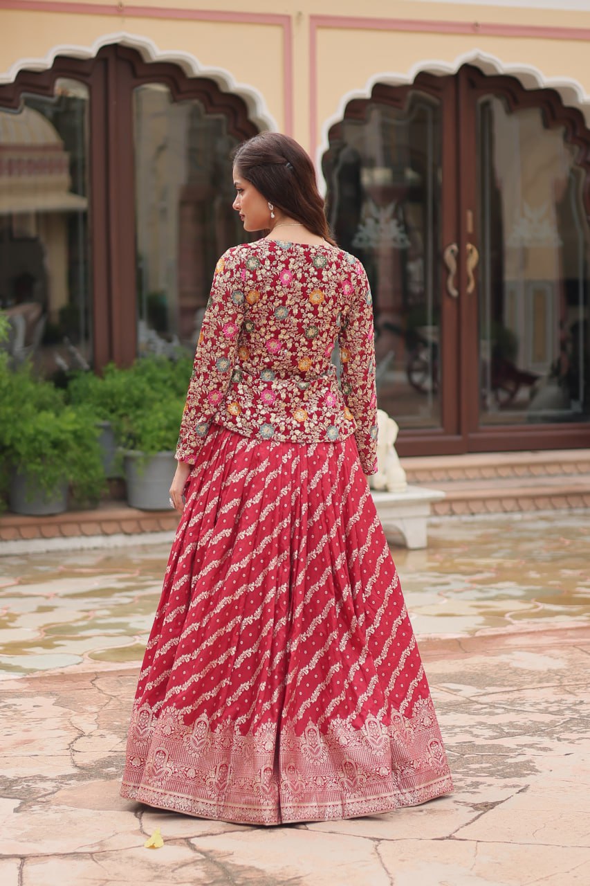 Breathtaking Faux Georgette Sequins Embroidered Top Lehenga Set - Ethnicwish