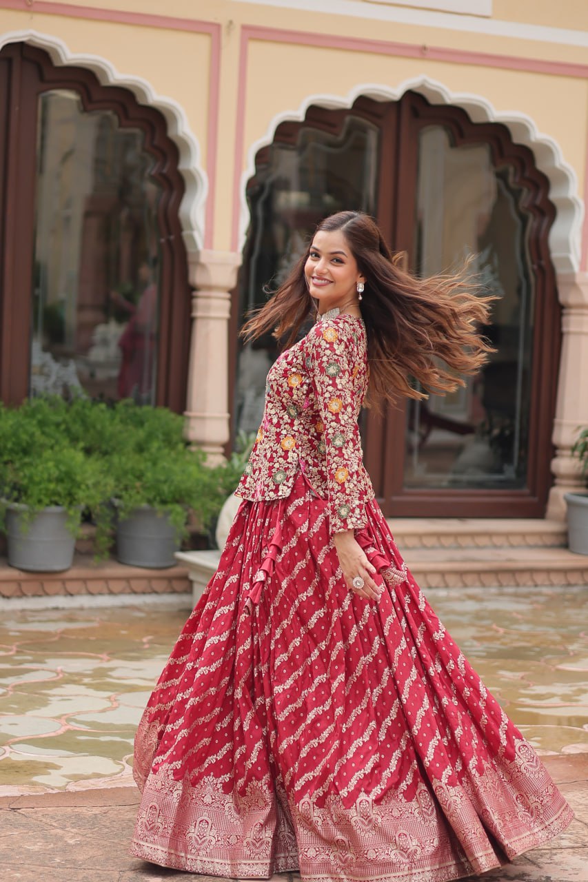 Breathtaking Faux Georgette Sequins Embroidered Top Lehenga Set - Ethnicwish