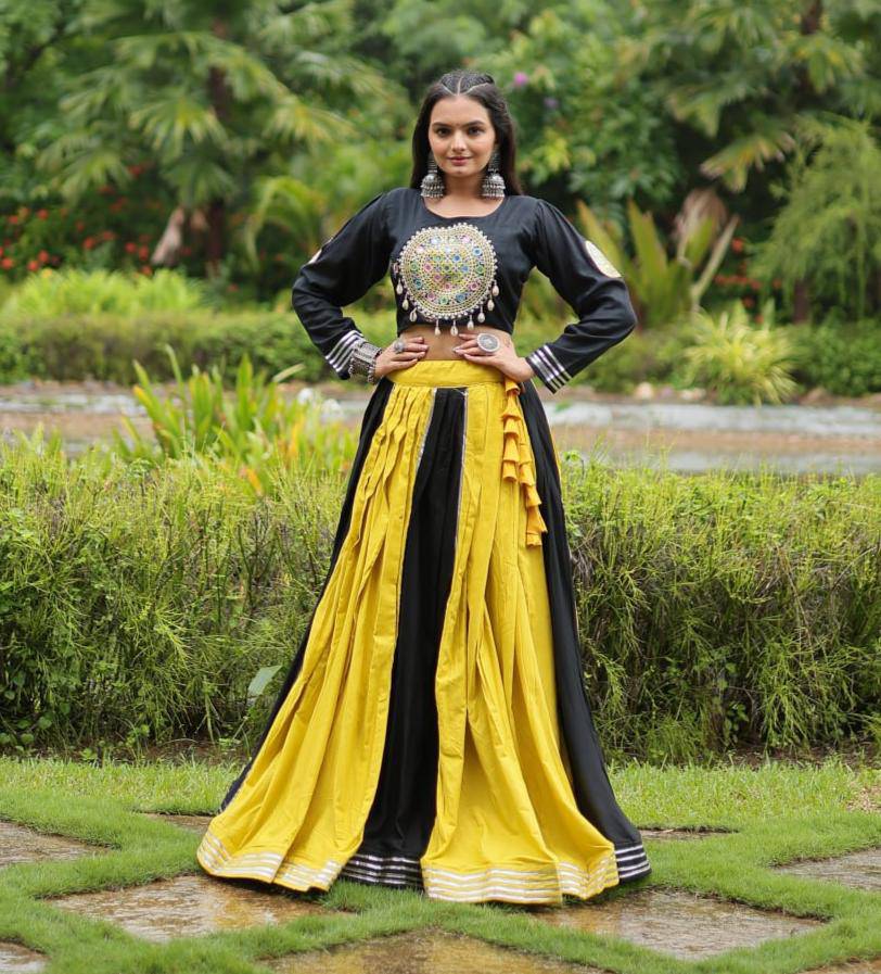 Luminous Yellow Black Navratri Wear Designer Lehenga Choli - Ethnicwish