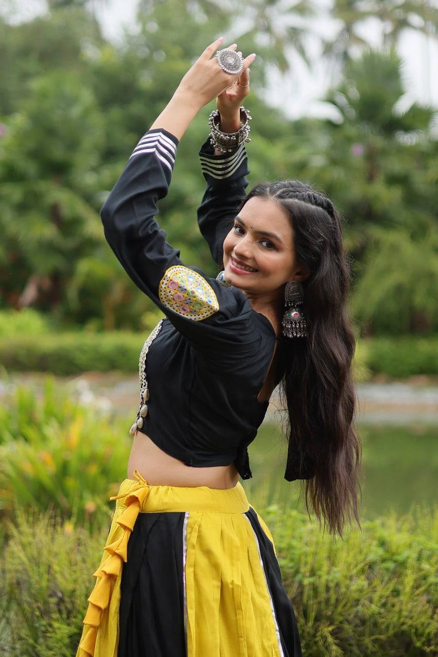 Luminous Yellow Black Navratri Wear Designer Lehenga Choli - Ethnicwish