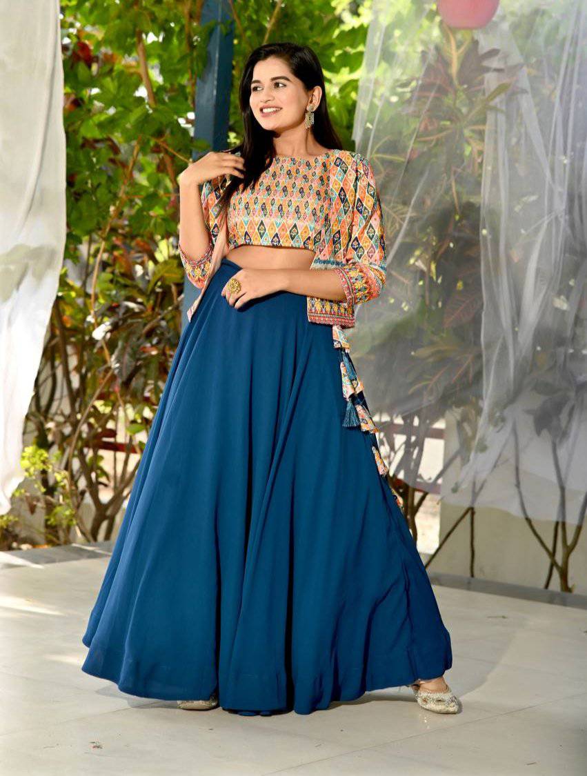 Navy Blue Faux Georgette Digital Printed Lehenga Blouse Koti Set - Ethnicwish
