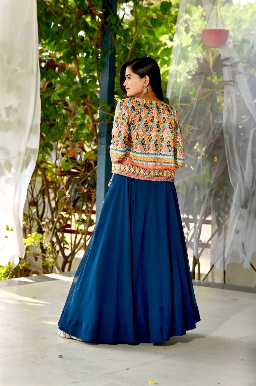 Navy Blue Faux Georgette Digital Printed Lehenga Blouse Koti Set - Ethnicwish