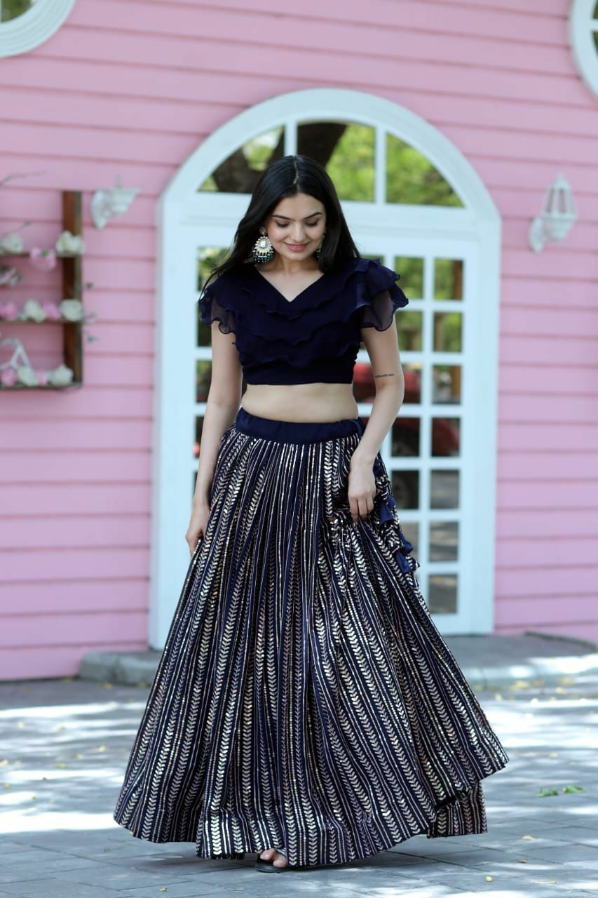 Navy Blue Faux Georgette Sequins Worked Fully Stitched Lehenga Choli - Ethnicwish