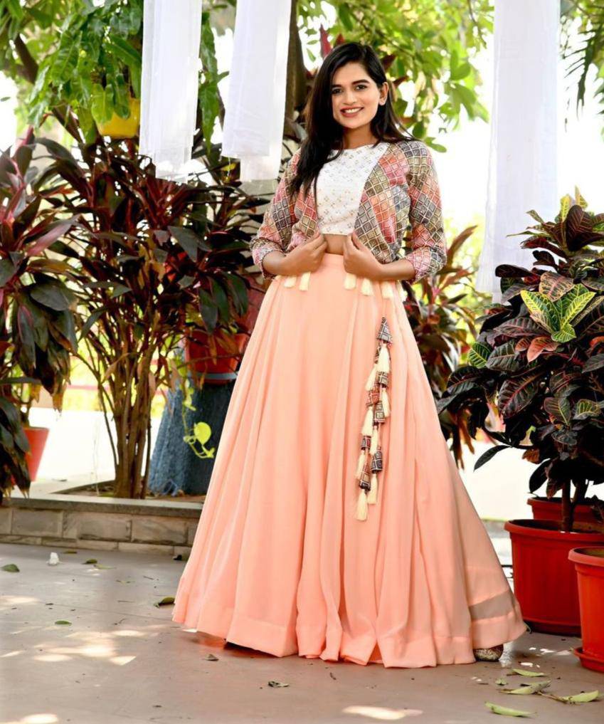 Peach Floral Sequins Embroidered Koti Blouse Lehenga Set - Ethnicwish