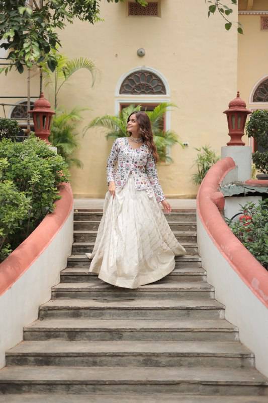 Sublime Viscous Jacquard Thread Sequins Worked Top Lehenga Set - Ethnicwish
