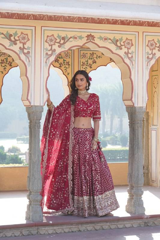 Compelling Viscous Jacquard Sequins Embroidered Lehenga Set - Ethnicwish