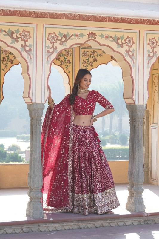 Compelling Viscous Jacquard Sequins Embroidered Lehenga Set - Ethnicwish