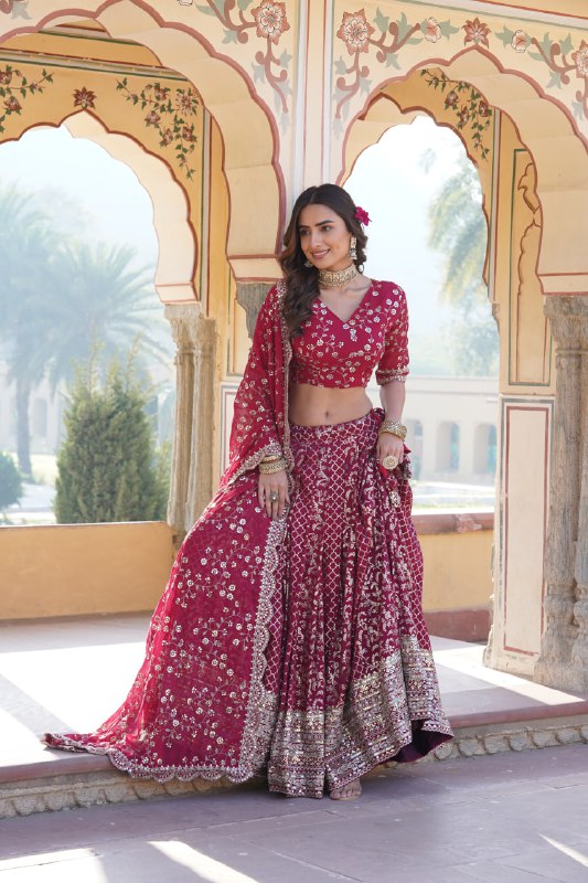 Compelling Viscous Jacquard Sequins Embroidered Lehenga Set - Ethnicwish