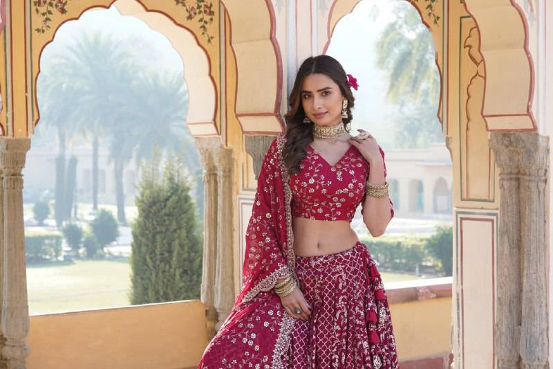 Compelling Viscous Jacquard Sequins Embroidered Lehenga Set - Ethnicwish