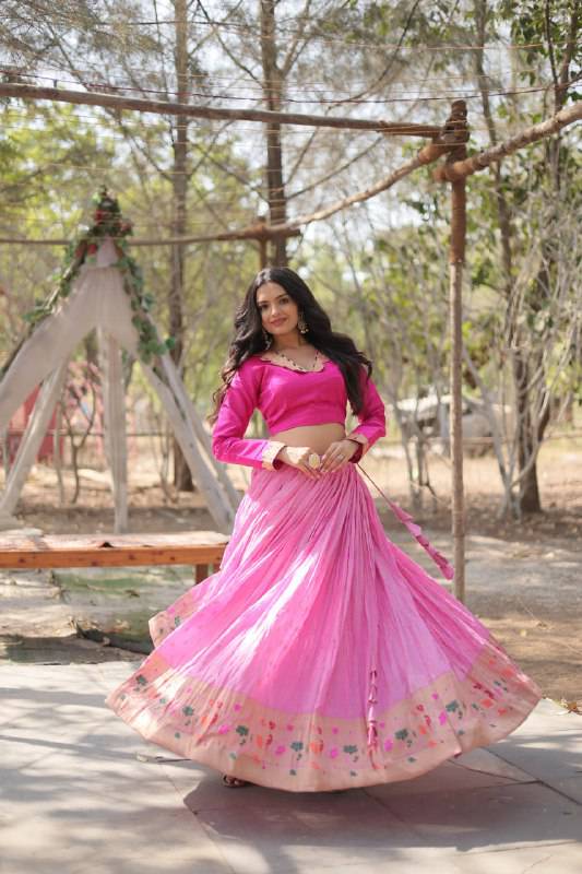 Chic Viscose Jacquard Zari Border Worked Fully Stitched Lehenga Choli - Ethnicwish