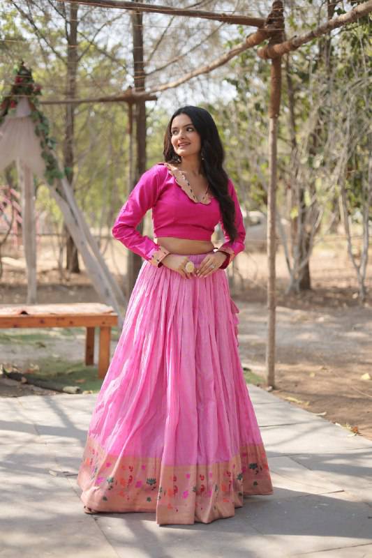 Chic Viscose Jacquard Zari Border Worked Fully Stitched Lehenga Choli - Ethnicwish