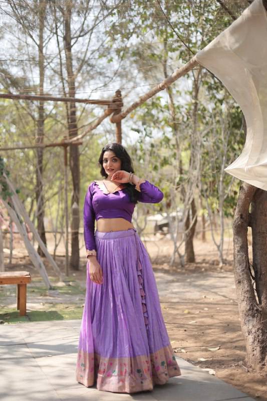 Chic Viscose Jacquard Zari Border Worked Fully Stitched Lehenga Choli - Ethnicwish