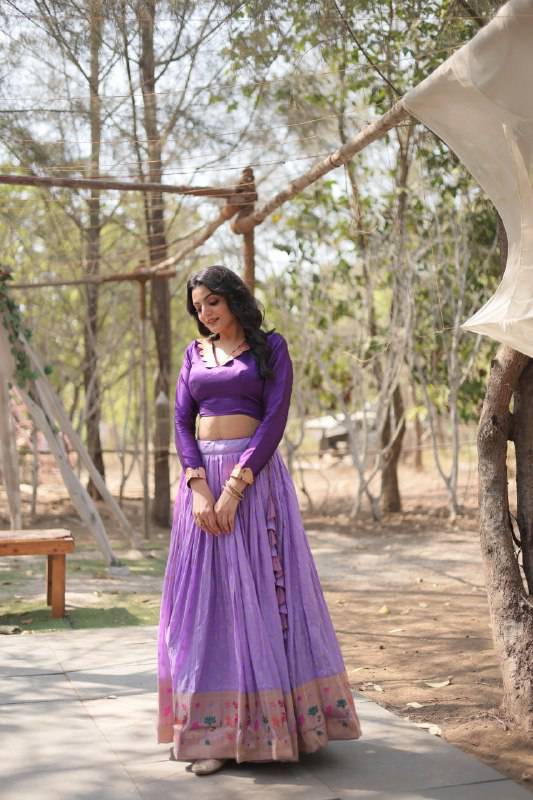 Chic Viscose Jacquard Zari Border Worked Fully Stitched Lehenga Choli - Ethnicwish
