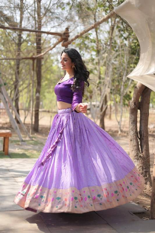 Chic Viscose Jacquard Zari Border Worked Fully Stitched Lehenga Choli - Ethnicwish