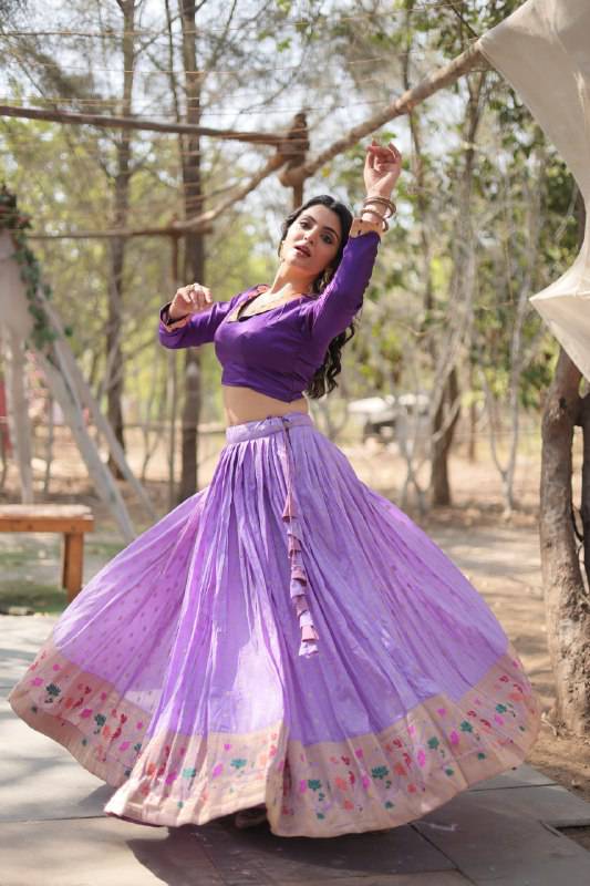 Chic Viscose Jacquard Zari Border Worked Fully Stitched Lehenga Choli - Ethnicwish