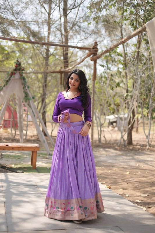 Chic Viscose Jacquard Zari Border Worked Fully Stitched Lehenga Choli - Ethnicwish