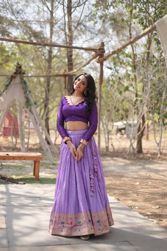 Chic Viscose Jacquard Zari Border Worked Fully Stitched Lehenga Choli - Ethnicwish