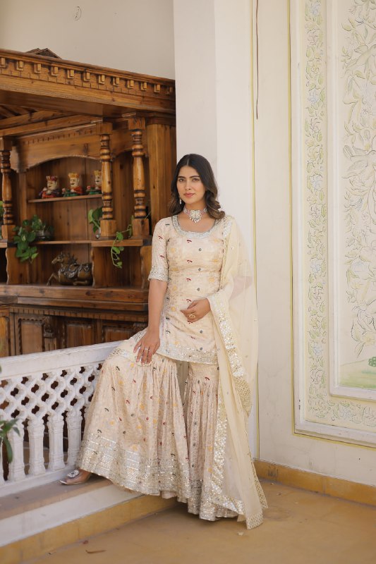 Magnificent Viscous Jacquard Designer Top Sharara Suit - Ethnicwish