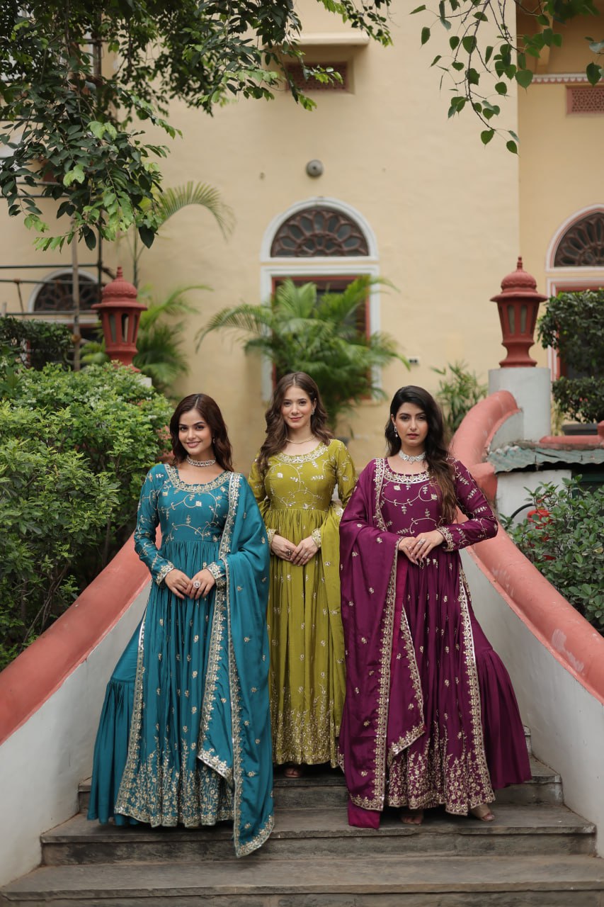 Elegant Chinon Sequins Embroidered Designer Top Sharara Suit - Ethnicwish