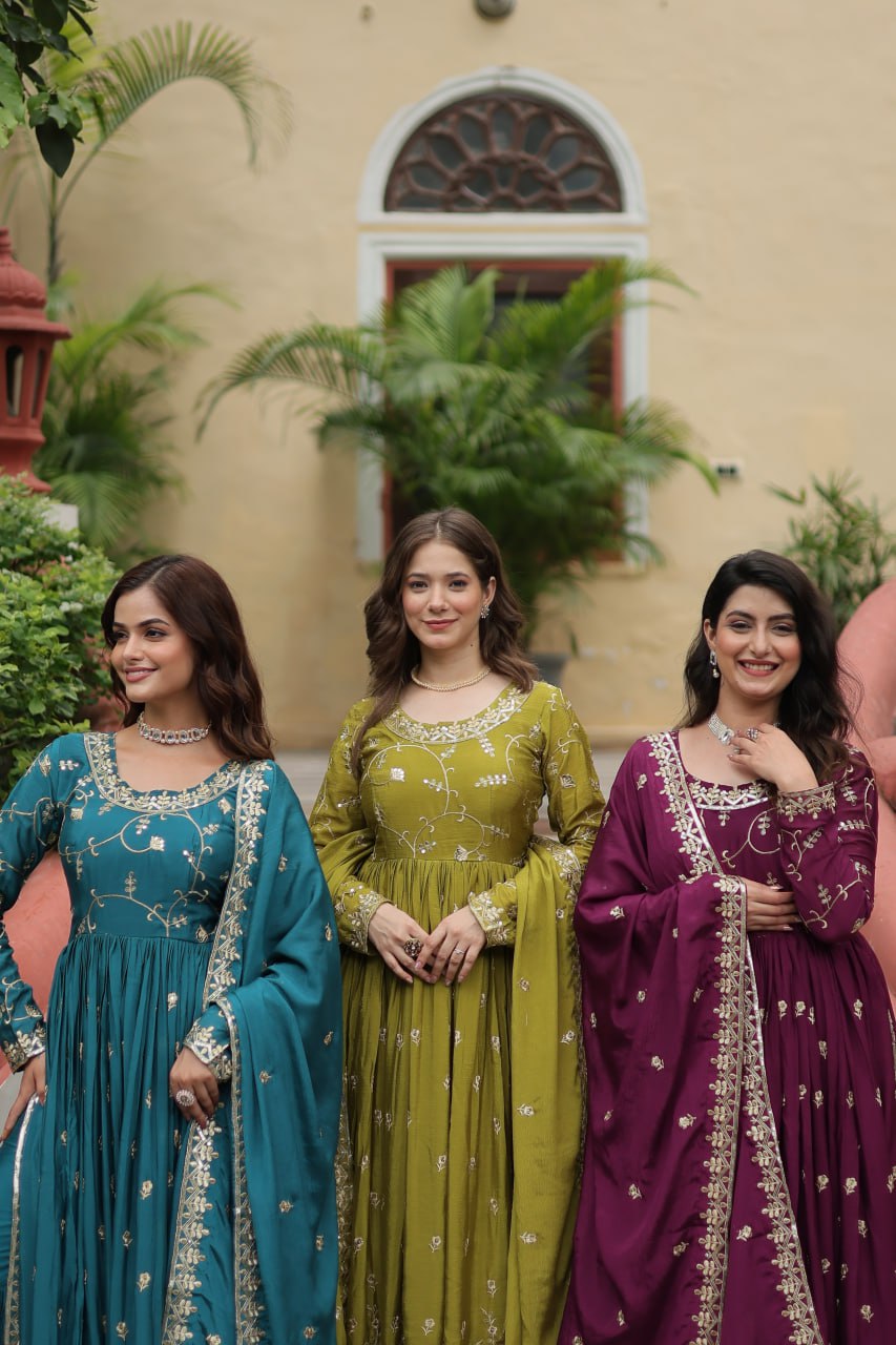 Elegant Chinon Sequins Embroidered Designer Top Sharara Suit - Ethnicwish
