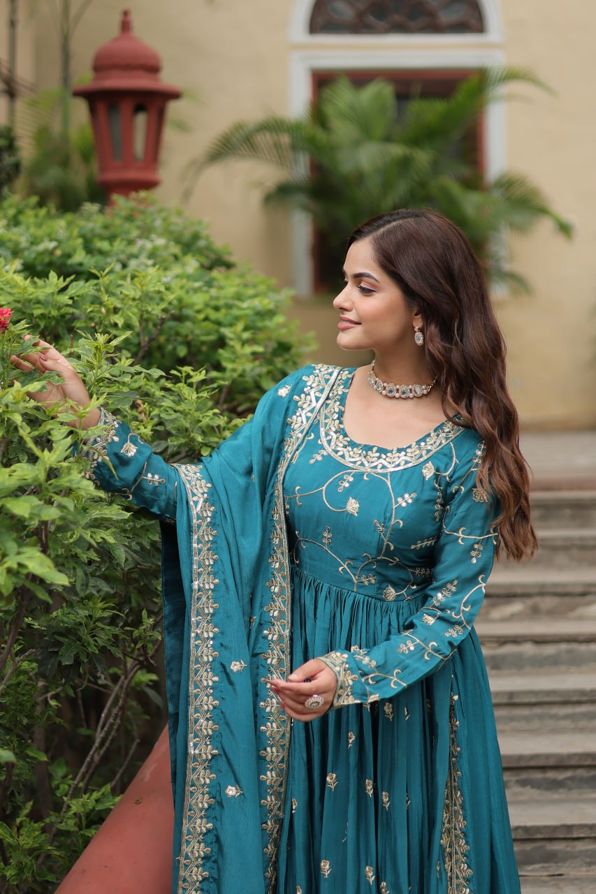 Elegant Chinon Sequins Embroidered Designer Top Sharara Suit - Ethnicwish