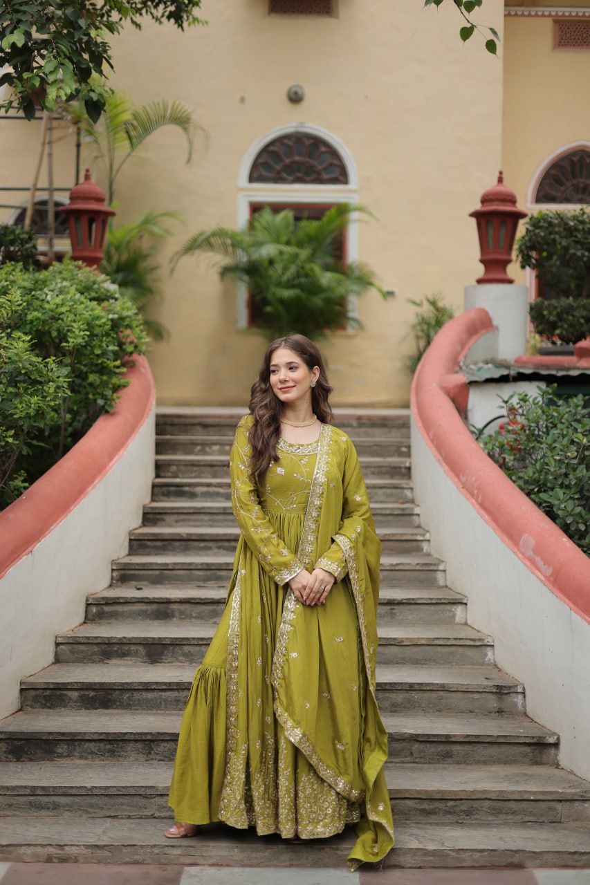 Elegant Chinon Sequins Embroidered Designer Top Sharara Suit - Ethnicwish