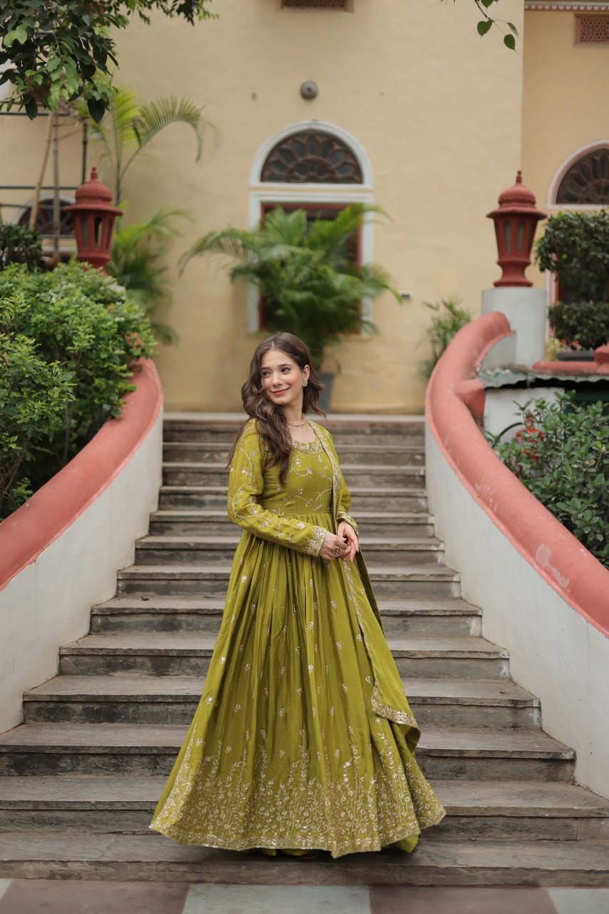 Elegant Chinon Sequins Embroidered Designer Top Sharara Suit - Ethnicwish