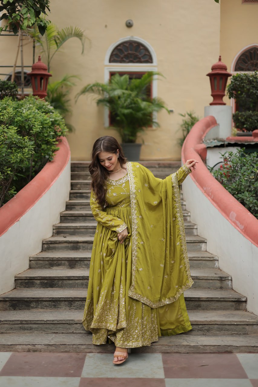 Elegant Chinon Sequins Embroidered Designer Top Sharara Suit - Ethnicwish