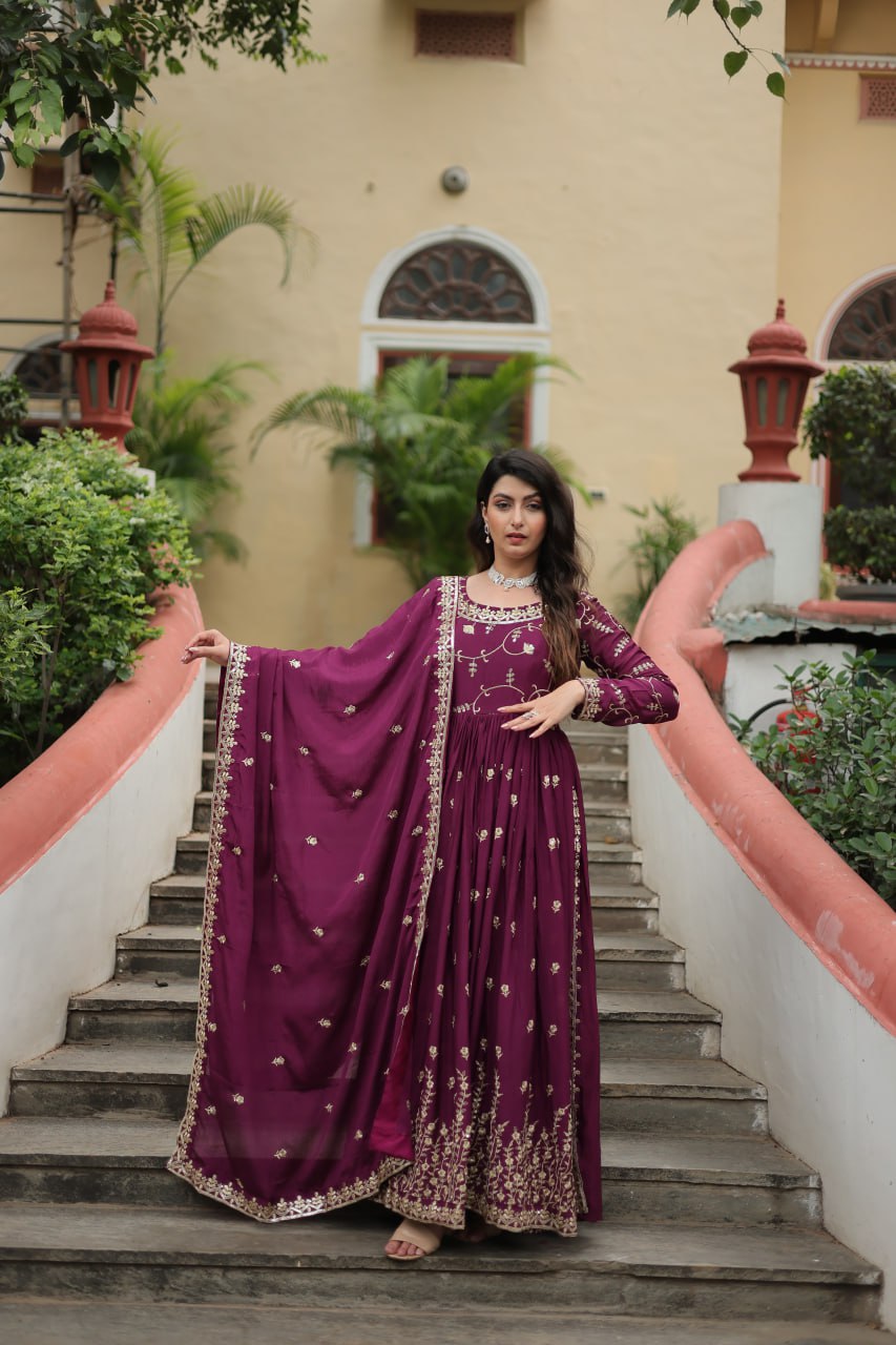 Elegant Chinon Sequins Embroidered Designer Top Sharara Suit - Ethnicwish
