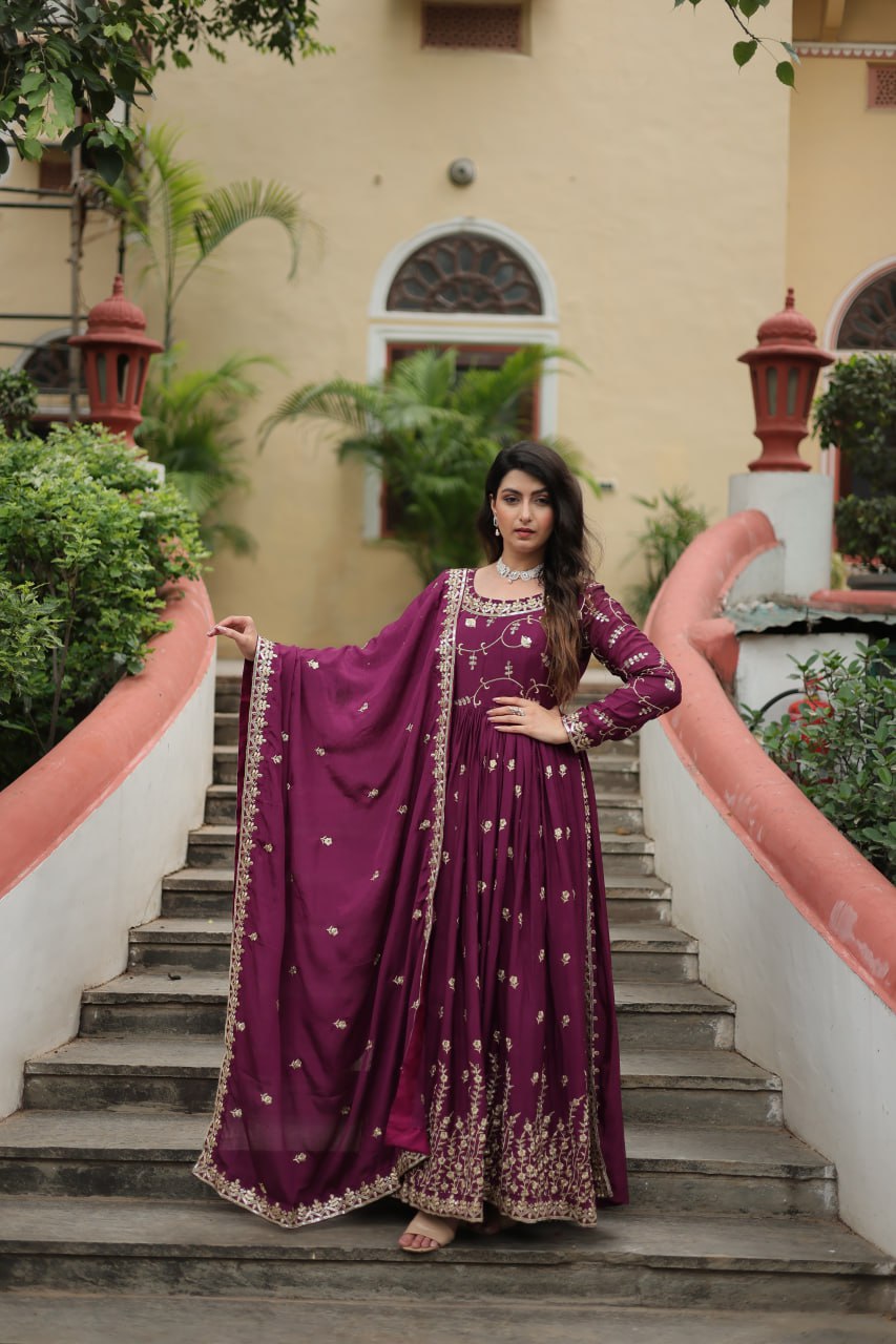 Elegant Chinon Sequins Embroidered Designer Top Sharara Suit - Ethnicwish