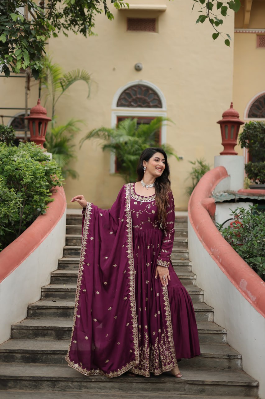 Elegant Chinon Sequins Embroidered Designer Top Sharara Suit - Ethnicwish
