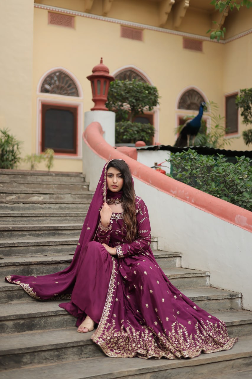 Elegant Chinon Sequins Embroidered Designer Top Sharara Suit - Ethnicwish