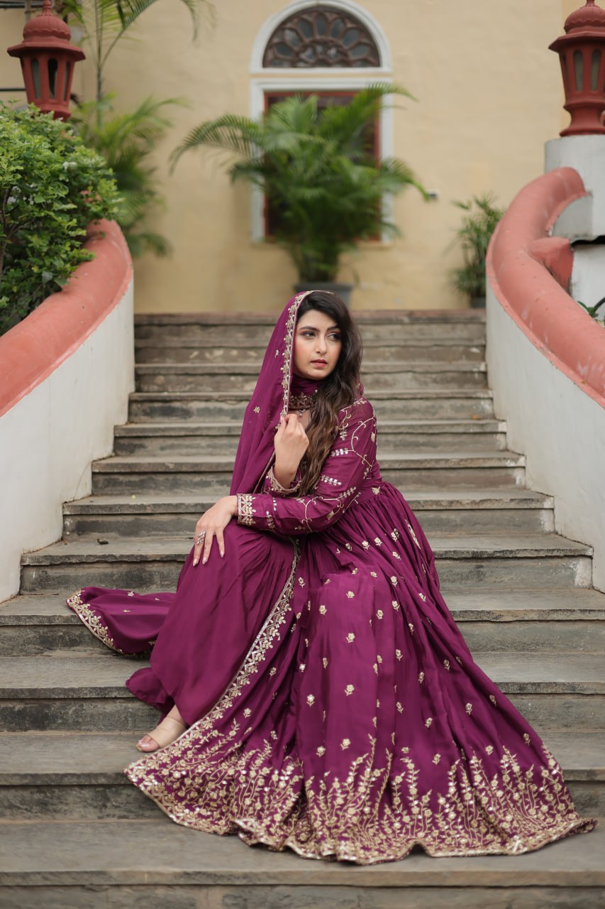 Elegant Chinon Sequins Embroidered Designer Top Sharara Suit - Ethnicwish