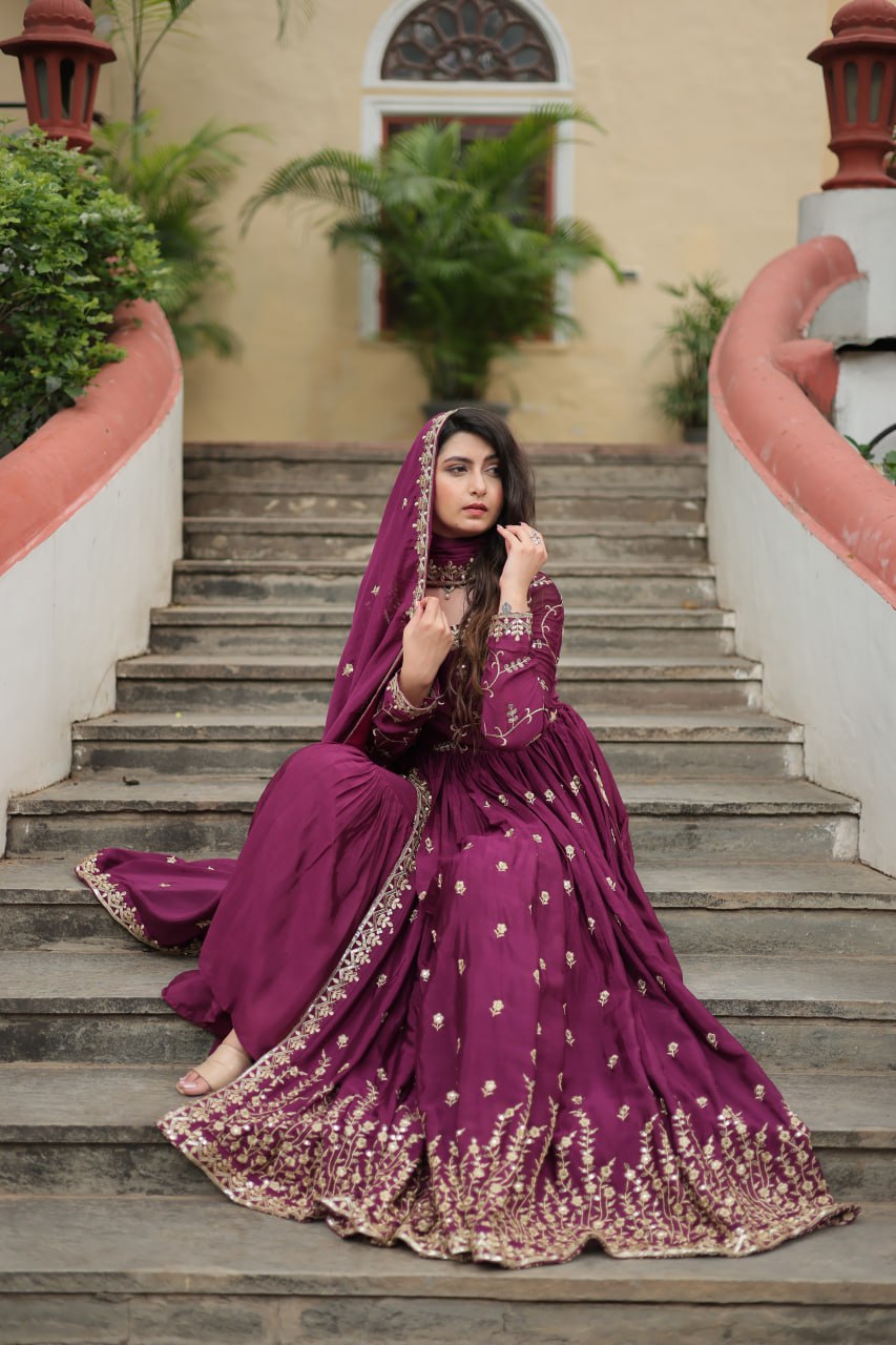 Elegant Chinon Sequins Embroidered Designer Top Sharara Suit - Ethnicwish