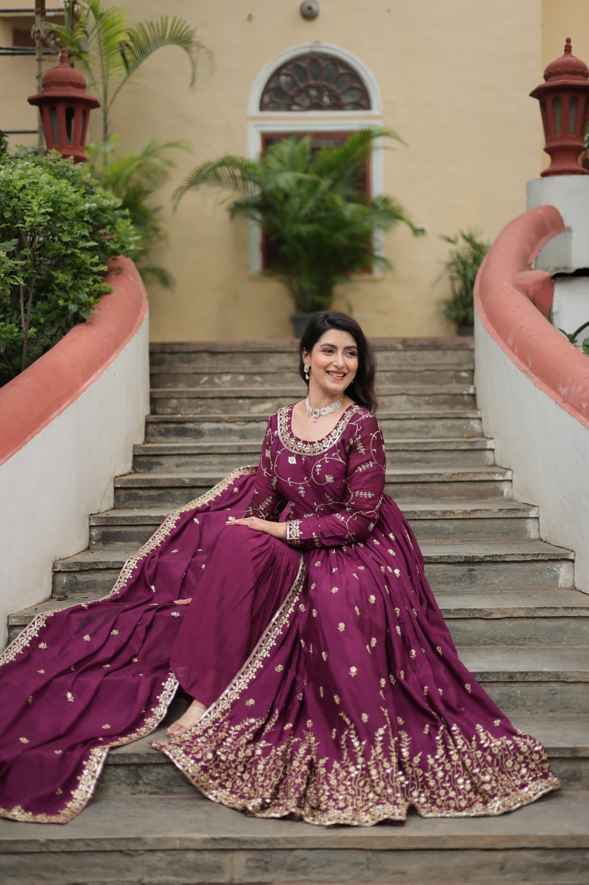 Elegant Chinon Sequins Embroidered Designer Top Sharara Suit - Ethnicwish