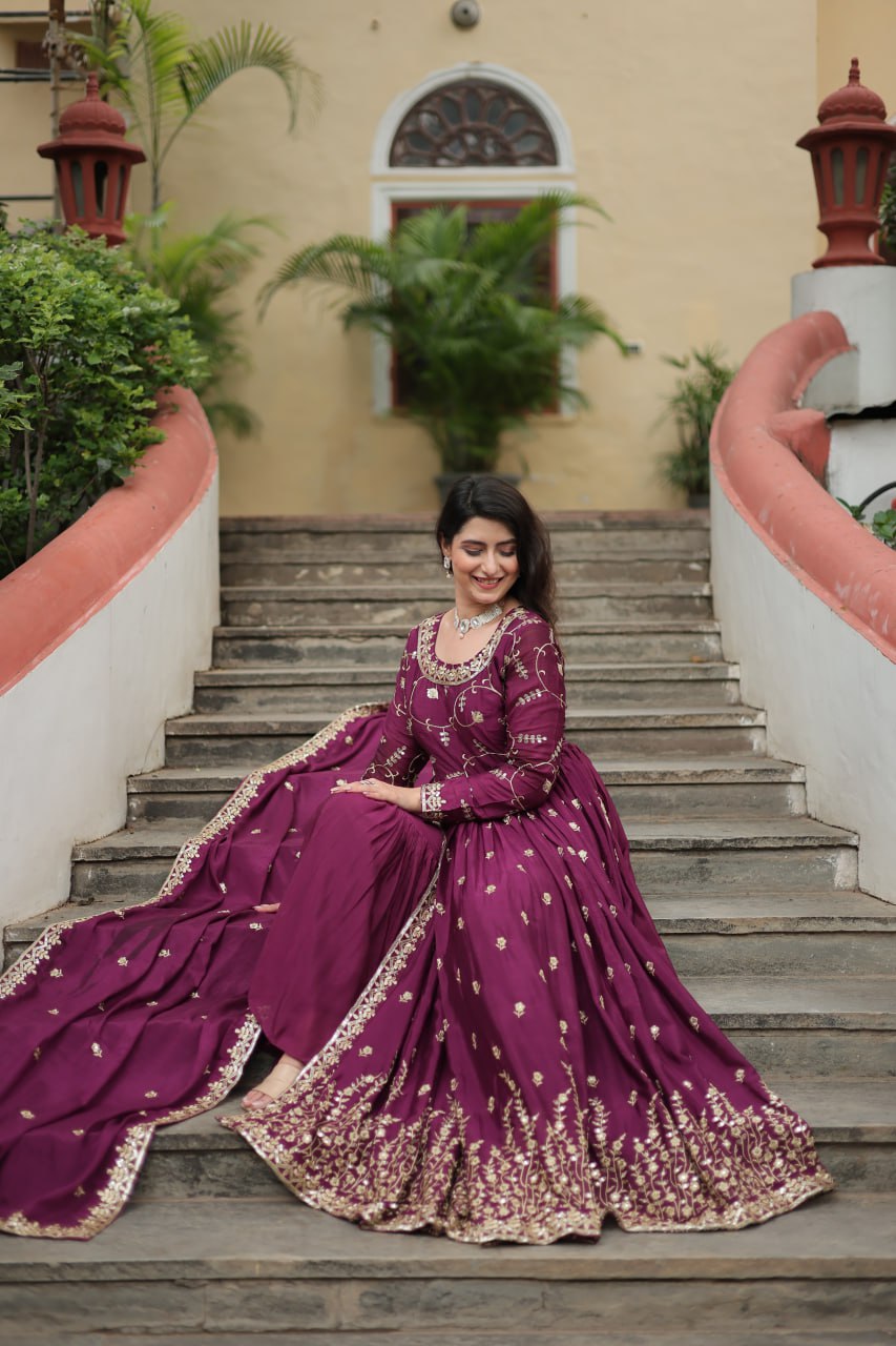 Elegant Chinon Sequins Embroidered Designer Top Sharara Suit - Ethnicwish