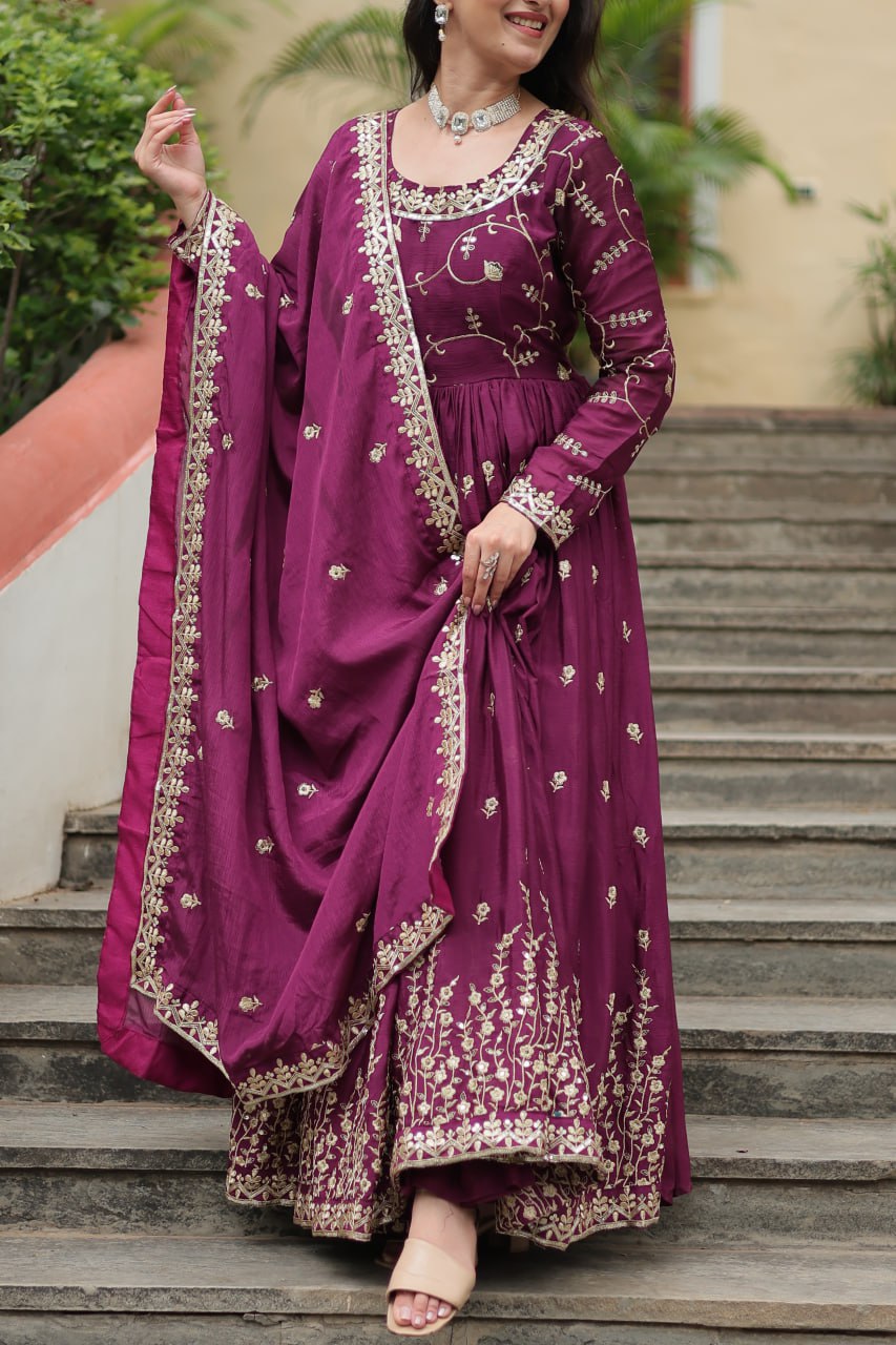 Elegant Chinon Sequins Embroidered Designer Top Sharara Suit - Ethnicwish