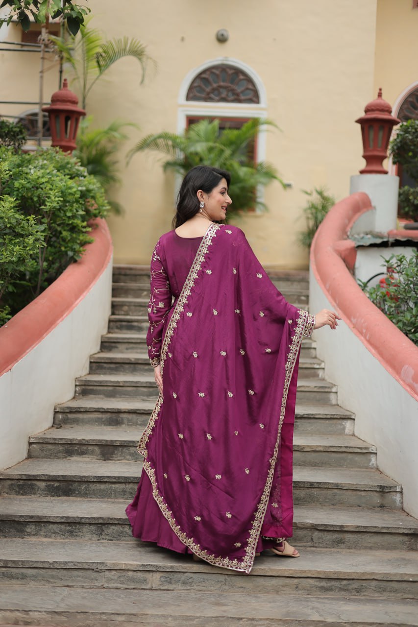 Elegant Chinon Sequins Embroidered Designer Top Sharara Suit - Ethnicwish
