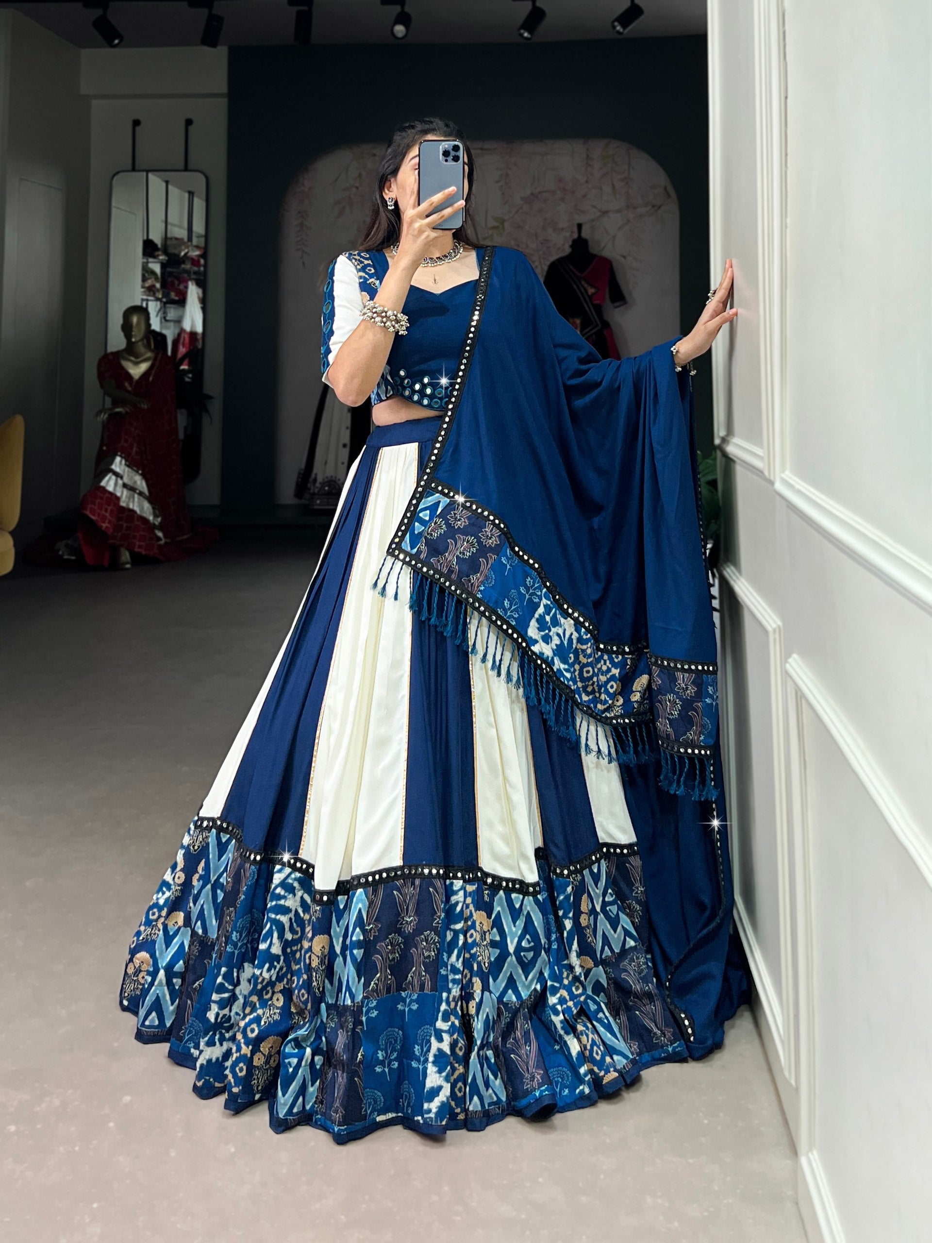 Spellbinding Pure Rayon Printed Foil Mirror Gota Patti Worked Lehenga Choli - ETHNICDEAL