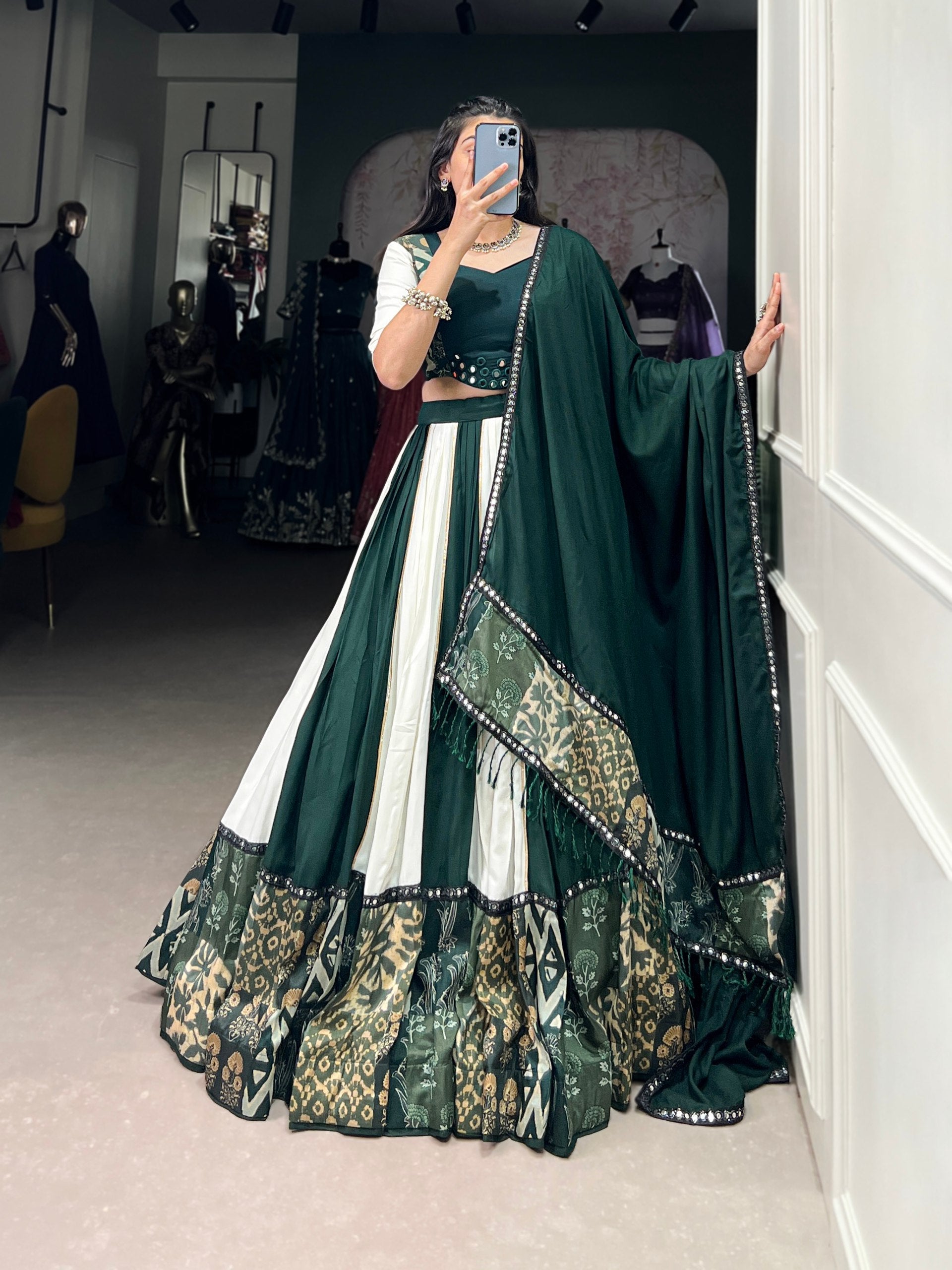 Spellbinding Pure Rayon Printed Foil Mirror Gota Patti Worked Lehenga Choli - ETHNICDEAL