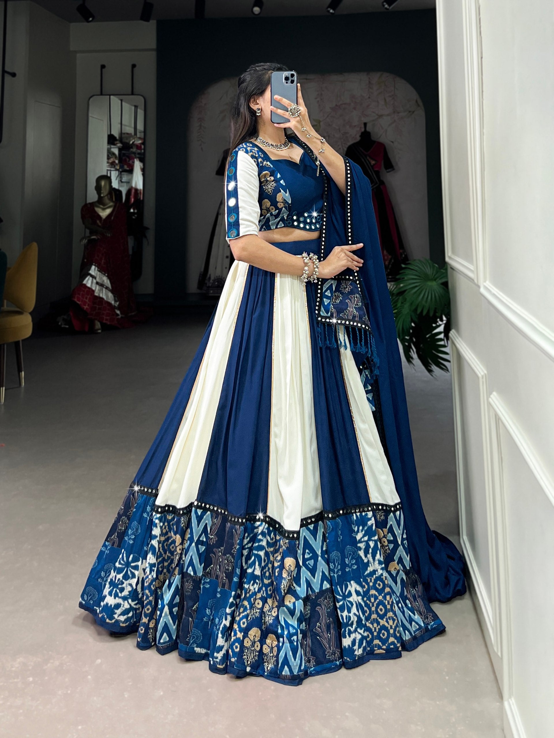 Spellbinding Pure Rayon Printed Foil Mirror Gota Patti Worked Lehenga Choli - ETHNICDEAL