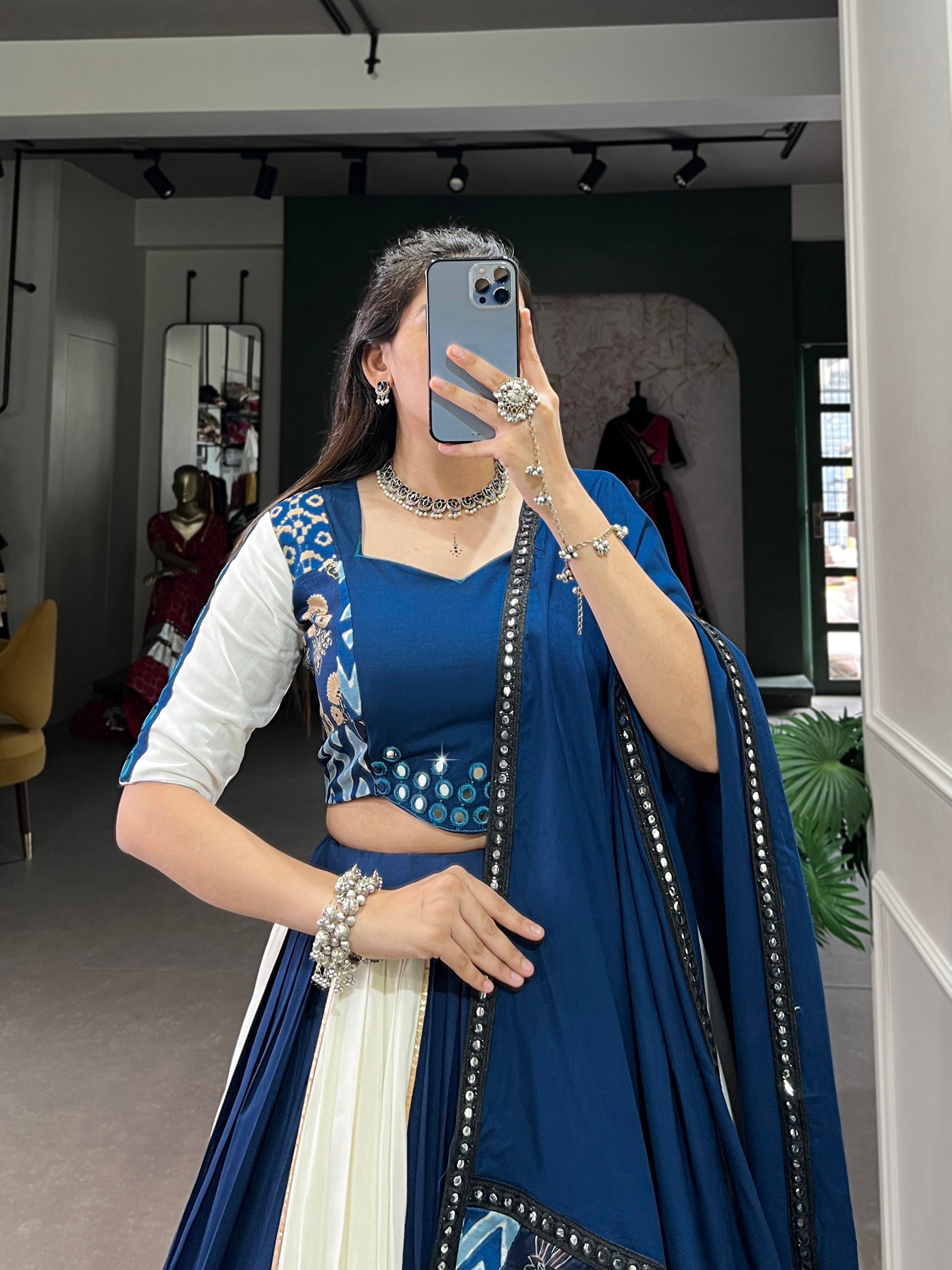 Spellbinding Pure Rayon Printed Foil Mirror Gota Patti Worked Lehenga Choli - ETHNICDEAL