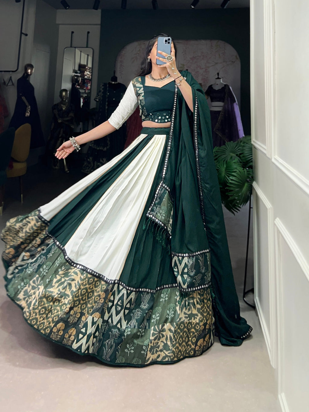 Spellbinding Pure Rayon Printed Foil Mirror Gota Patti Worked Lehenga Choli - ETHNICDEAL