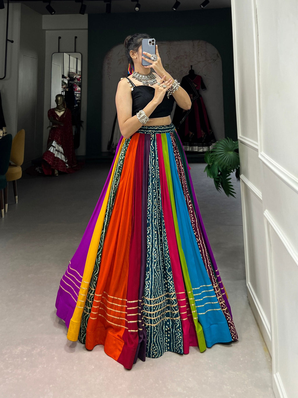 Elegant Multicolored Pure Rayon Printed Navratri Lehenga Choli - ETHNICDEAL