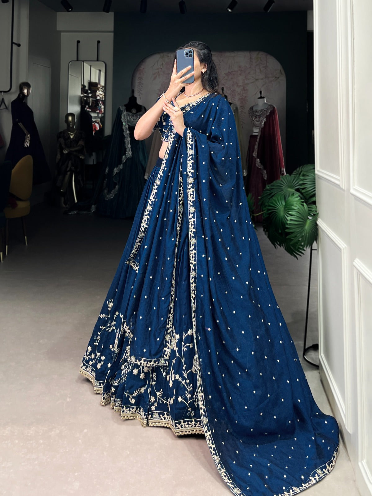 Enchanting Blue Vichitra Silk Sequins Thread Worked Lehenga Choli - ETHNICDEAL
