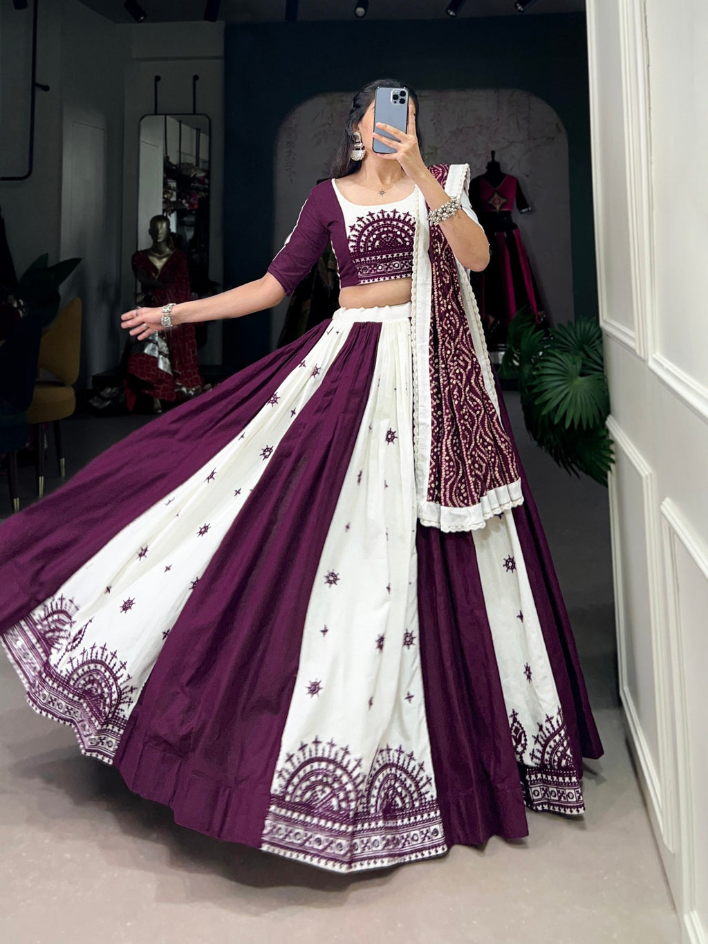 Exquisite Wine Pure Cotton Mirror Gamthi Worked Navratri Lehenga Choli - ETHNICDEAL
