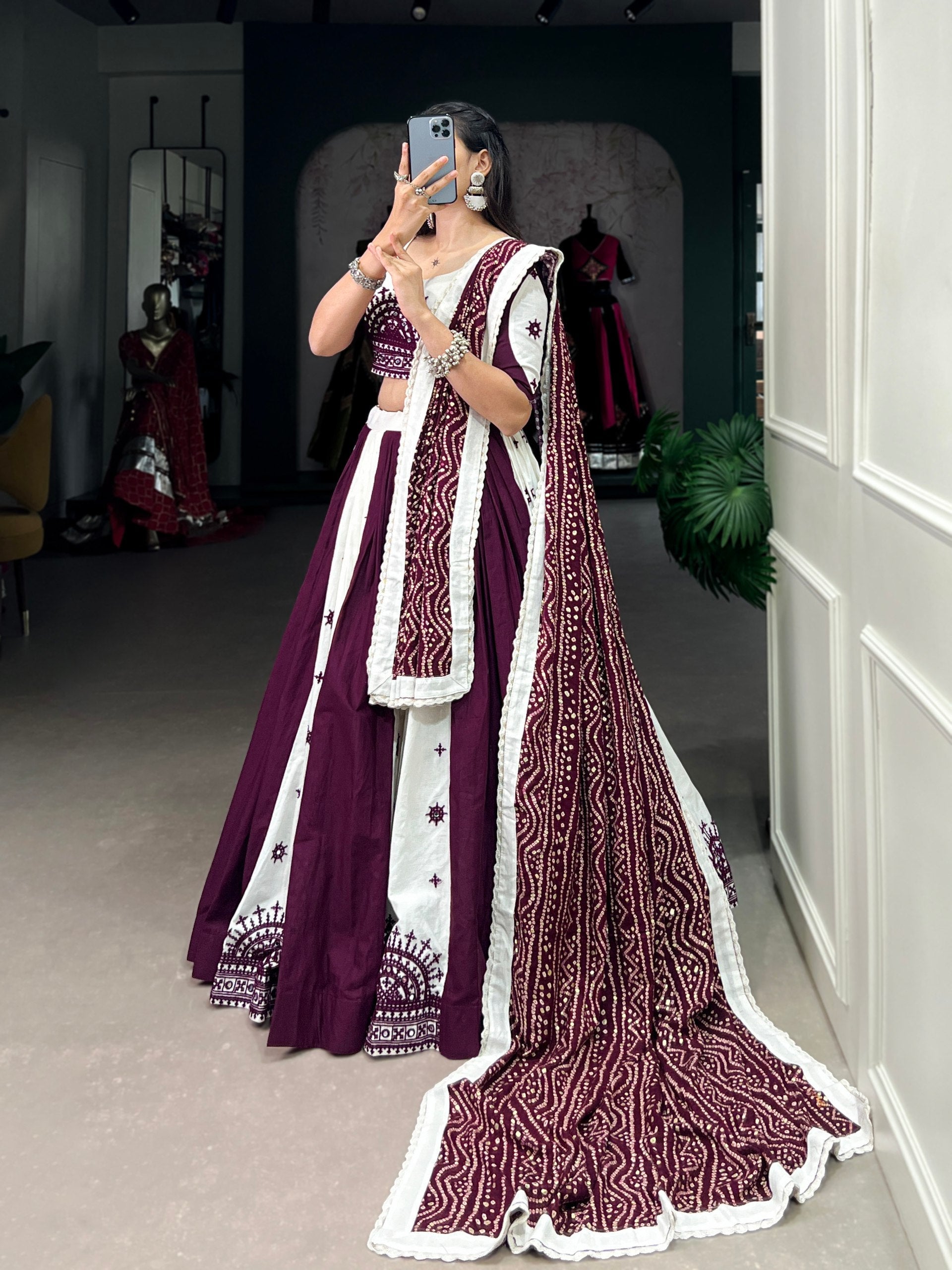 Exquisite Wine Pure Cotton Mirror Gamthi Worked Navratri Lehenga Choli - ETHNICDEAL