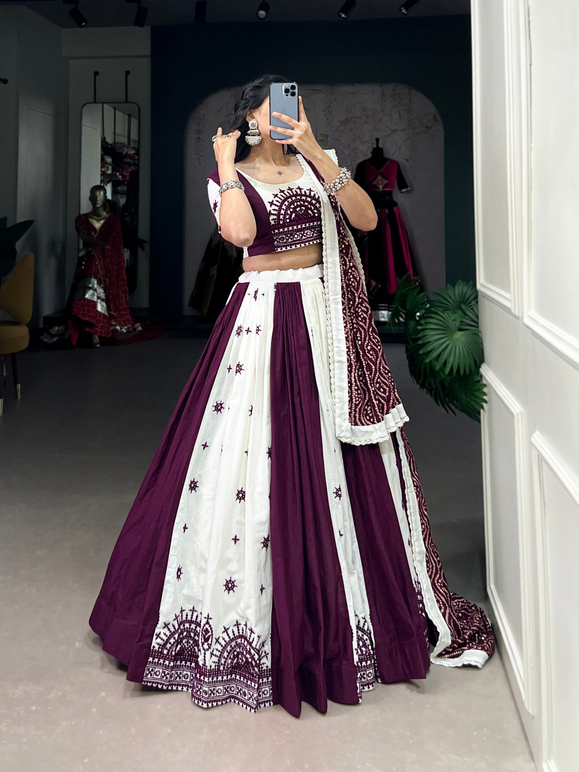 Exquisite Wine Pure Cotton Mirror Gamthi Worked Navratri Lehenga Choli - ETHNICDEAL